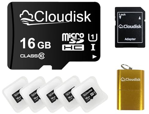 Cloudisk Pack of 5 Micro SD Card 16GB Flash Memory Card Micro SDHC C10 A1 U1 with SD Adapter, Card Reader