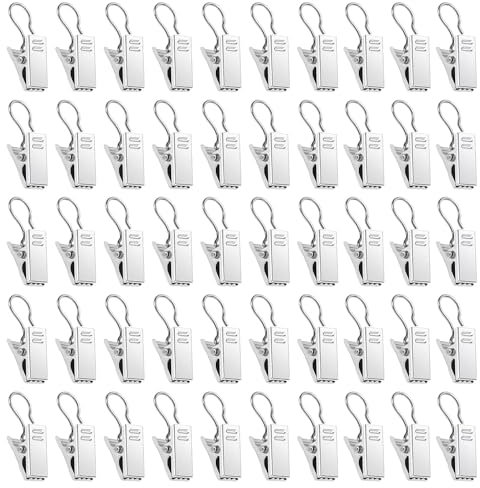 ALLisWE 50PCS Stainless Steel Curtain Hooks, Heavy-Duty Hook Clip Set, Light Hangers Wire Holders for Home Decorations, Bathroom, Shower Curtains, Photo Decors (Silver)