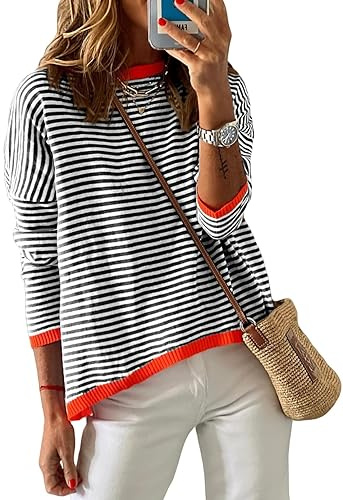 Cuptacc Jersey para Mujer A Rayas Sudadera Mujer Manga Larga Cuello Redondo AlgodóN Tops AlgodóN Casual Punto Jersey Mujer, Beigerrot