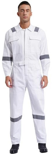 Freebily Tuta da Lavoro Uomo Multitasche Cotone Tuta Intera con Strisce Riflettenti Jumpsuit Overall Salopette Antipolvere Tuta Meccanico Protettiva con Cerniera Coveralls Bianco XL