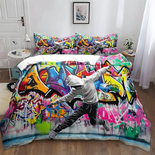 XCQHZYQ Bettwäsche 3teilig 135x200 cm Street Art Graffiti Bunt Hip-Hop Weich Bettwäsche-Sets Bettbezug 3tlg Kissenbezug 80x80 aus Polyester Baumwolle mit Reißverschluss