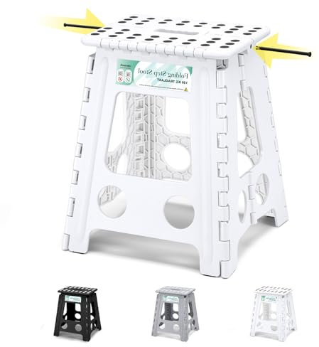 Heimwohl Tabouret pliable de 40 cm, blanc, mise à jour 2025 avec capacité 150 kg, verrouillage de sécurité et poignée rotative