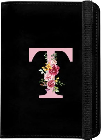 Porta Passaporto con Iniziale, Custodia Passaporto in Pelle PU, Copertina per Passaporto con Blocco RFID Porta Adatto per Carte d'Identità Carte di Credito, Biglietti Aerei, Passaporto Pass(Nero,T)