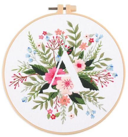 Abillyn Embroidery Starter Kit English Letter A and Flowers Stamped with Printed Pattern Cross Stitch Embroidery Kits (Letter A)