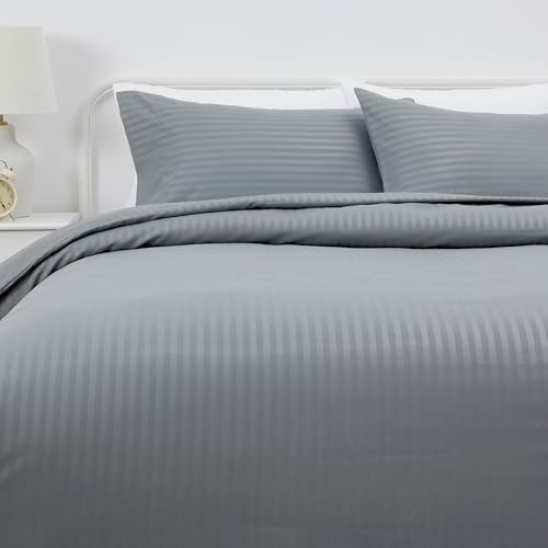 Amazon Basics Juego de Funda nórdica Cama 150/160 de Microfibra, 3 Piezas, Funda de edredón 240 x 220 cm y 2 Fundas de Almohada 50 x 80 cm, Gris Oscuro, Rayas