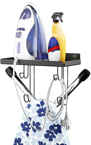 LOXSUN Bügelbrett Halterung Wandmontage, Bügelbrett Wandhalterung, Bügelbrett Aufhänger, Bügeleisen Halter mit Stauraum, Bügeleisen und Bügelbretthalter, Bügelbrett Haken für Waschküche (T&V-Form)