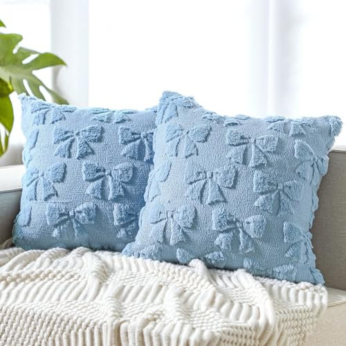 FUFRE 2 Stück Schleife Kissenbezug 45x45 cm, Kissenbezüge Schleifen 45x45 Deko Wohnzimmer Modern Kissenhülle Zimmer Deko Aesthetic Zierkissenbezüge Muttertag Dekokissen Geschenk für Mama (Blau)