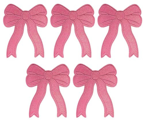 5PCS Pink Iron On Patches, Glitter Bow Embroidery Patches Sew On Patches, Cute Applique Patches for Clothes, Backpacks, Hats, Jeans, T-Shirts & DIY Crafts