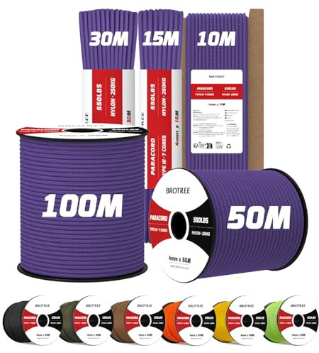 Brotree 4mm Paracord 550 10M 100% Nylon Rope 7 Strands Type III Parachute Cord for Outdoor and DIY - 250kg Breaking Load (Purple)