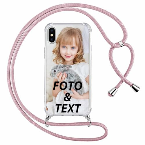 Xylota Personalisierte Handykette Handyhülle für iPhone X/XS mit Band, Personalisiert Hülle mit Selbst Gestalten Bild Text Foto, Individuelle Design Dunkelrosa Silikon Schutzhülle für iPhone XS 5,8''