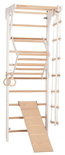 Kletterwand für Kinder und Erwachsene – Klettergerüst Indoor aus Holz mit Wand-Reck, Stange, Gymnastikringen, Kletterseil, schwedischer Leiter, höhenverstellbarer Klimmzugstange.