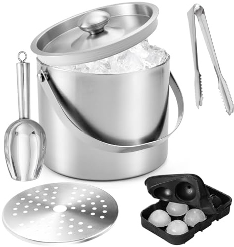 4L Eiswürfelbehälter mit Deckel, Edelstahl Doppelwandiger Eiskübel Set mit Sieb Eiszange Eisschaufel Silikon Eiswürfelform, Champagner Kühler Flaschenkühler Sektkühler Eisbehälter für Bier Wein Party