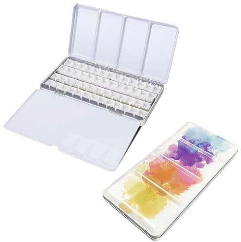 Aquarellkasten Leer, Palette Farbkastenmit 52 Halbe Näpfchen, Farbkasten mit Mischpalette und Daumenring, für DIY Kunst, Aquarellfarbe, Wassermalkasten und kreative Malerei