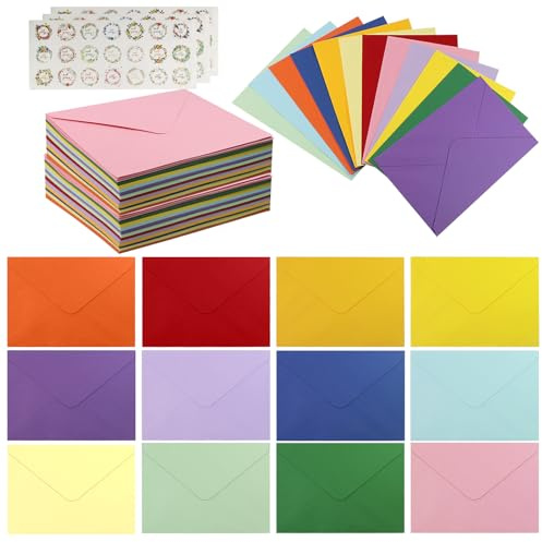 Briefumschläge Bunt - 72 Stück Briefumschläge Ohne Fenster, 175 x 125 mm | 12 Farben Farbige, DIN B6, Umschläge aus Papier, mit Blatt Aufklebern