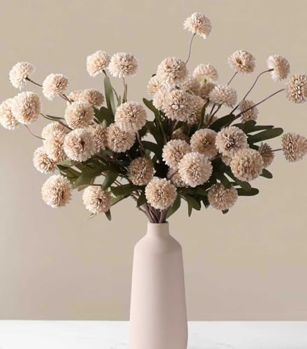 HNNFMY Fiori artificiali beige, 5 pezzi, pompon in finta seta, per mamme, piccoli crisantemi con steli lunghi, per fai da te, champagne, matrimoni, centrotavola, composizioni floreali, riempitivi per