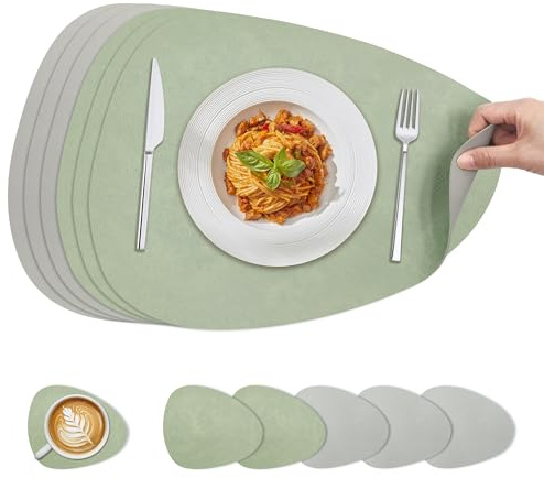 KitchenBoss Tovagliette Americane Tovaglietta e Sottobicchieri, Tovagliette Colazione Tovaglietta Bifacciale Per Cucine, Tavoli da Pranzo e Uffici, Verde + Grigio, 40x30cm, 6 Set