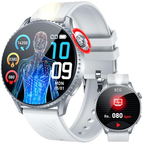 Orologio Smartwatch Uomo Sano Orologi: 1.56 AMOLED Fitness Tracker con ECG+HRV Smart Watch Acido Urico SPO2 Pressione Sanguigna Sonno Pulsante SOS Torcia Integrata LED Compatibile iOS e Android