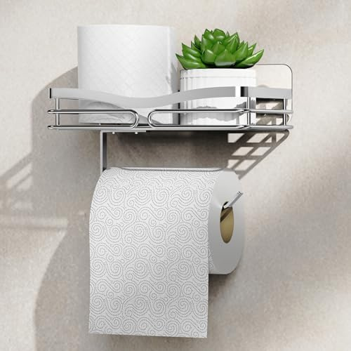 ZUNTO Toilet Roll Holder with Shelf, Self-Adhesive Stainless Steel Toilet Paper Holder for Bathroom, Adhesive or Drilling Installation, Silver