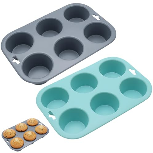 JORcadis 2 Pack 6-Cup Jumbo Muffin Tins with Handle, Silicone Muffin Trays, Non-Stick Yorkshire Pudding Tray, Perfect for Baking Muffins and Frozen Desserts (Gray and Blue)