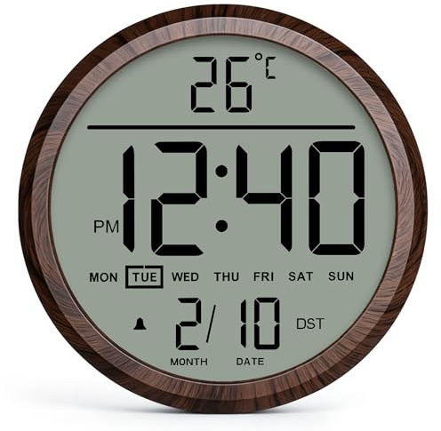 Mee 2ou 8 Round Digital Wall Clock Big LCD Screen Number Atomic Clock | Battery Operated,Date,Calendar,Temperature,DST,12/24H for Bedroom, Living Room, Kitchen, Office for Elderly, Senior