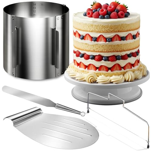 Menz Edelstahl Tortenheber Set, 5 Teile -Tortenheber + Tortenring verstellbar hoch 15 cm + Tortenschneider + Tortenplatte drehbar + Streichpalette