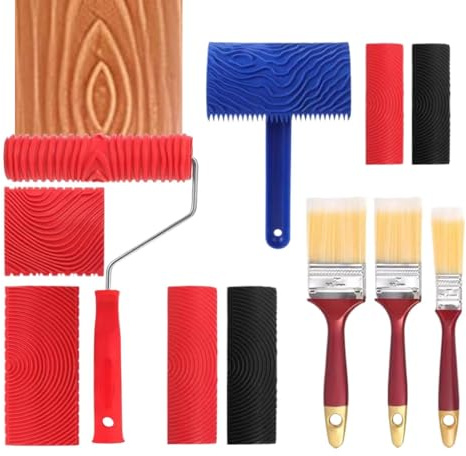 Rubber Wood Grain Tool - 11 Pieces Realistic Graining Set with Handle, Paint Roller Kit for Faux Finish, Furniture Decoration Art Carving Accessory, DIY Stamped Texture Tool for Home Room Backyard