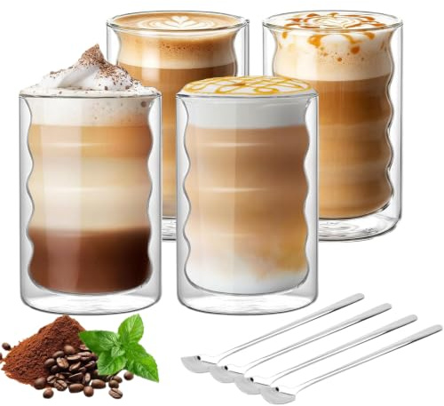 ZkateTrade Latte Macchiato Bubble Gläser Set, 4 x 400ml Doppelwandige Bubble Kaffeegläser mit 2 Löffeln, cappuccino Thermogläser für Latte Macchiato, Tee, Milch, Bier