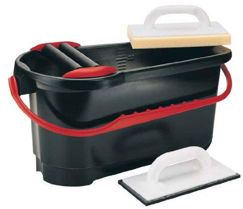 HOLTMANN Eimer 24 Liter, Schwarz, Kunststoff, mit Schwammbrett und Fugbrett, ohne Bodenlaufrollen