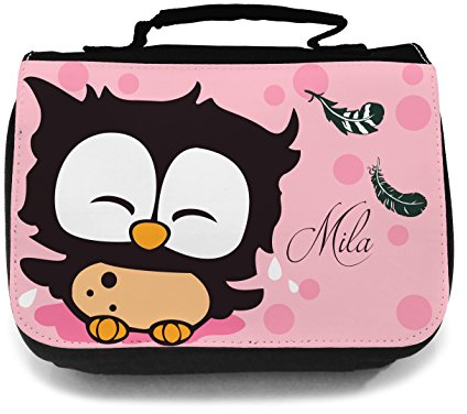 Waschtasche Waschbeutel Kulturbeutel Kosmetiktasche Reisewaschtasche cosmeticbag Eule Eulchen mit Punkten Federn Name Wunschname rosa wt010
