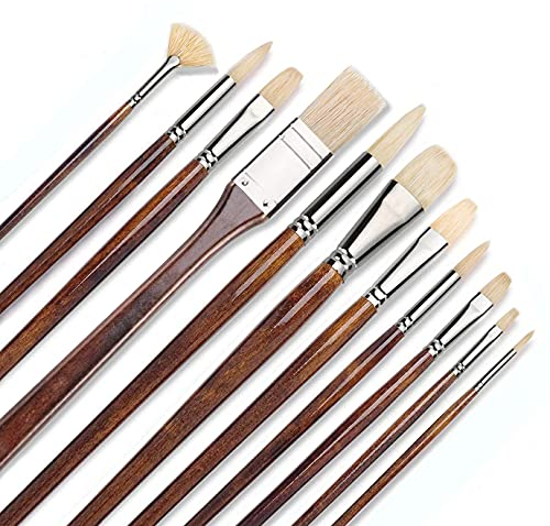 Fuumuui Pinceaux à Poils de porc-11 pcs Pinceaux Professionnels à l'huile et à l'acrylique Artiste Poignées laquées en Bois de Bouleau Longues poignées avec Une boîte de Transport Gratuite