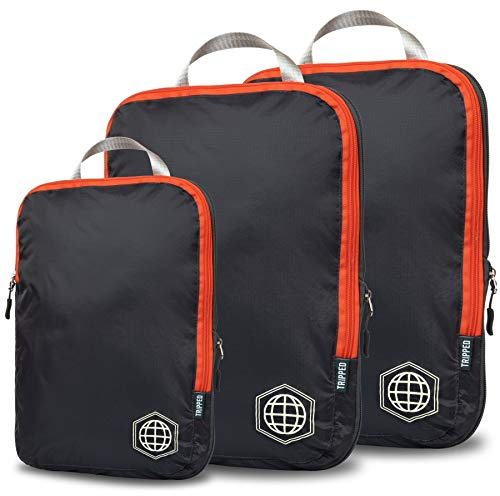 TRIPPED Travel Gear Kompression Verpackung Würfel Set für Carryon Travel-leicht dauerhaft Veranstalter Gepäcktaschen mit Doppel-Reißverschluss (grau/orange, 3 Stück)