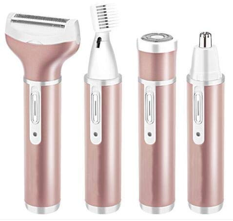 4 IN 1 Elektro-Rasierer für Damen, Haarentferner-Set schmerzfrei Epiliergerät USB aufladbar mit 4 abnehmbaren Aufsätzen für Bikini-Trimmer/Nasenhaarschneider/Augenbraue-Shaper/Body Shaver