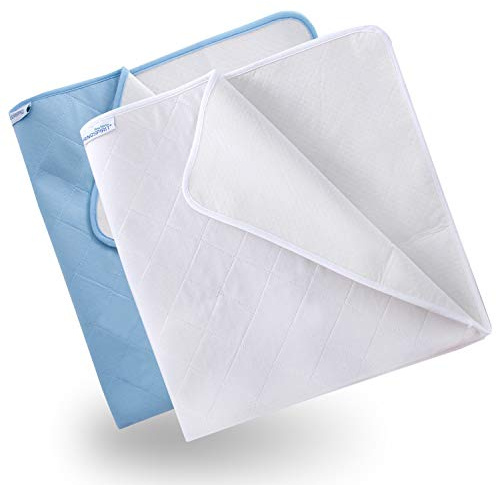 Waterproof Incontinence Bed Pads 86x92cm 2 Pack–Reusable, Blue & White | Washable & super absorbent. Protects beds, sofas & chairs. Slip-resistant & stays put. For children, adults & pets.