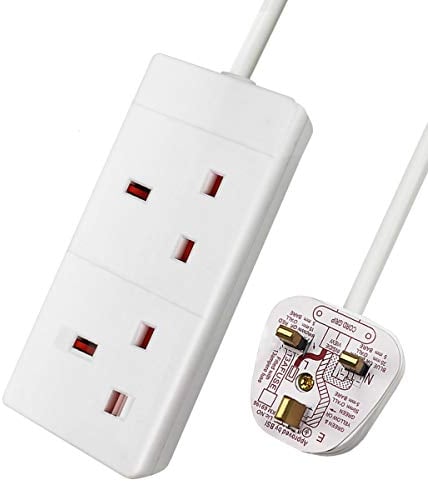 ExtraStar 2 Way Extension Lead, 13A Fused UK Plug Adapter, 1 Metre Extension Cable Power Strip - White