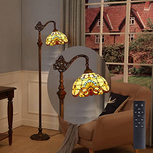 WRMING Tiffany Lampadaire Sur Pied Salon E27 avec Télécommande Rétro Lampe de Lecture pour Chambre Bureau Restauran, avec 12W LED Dimmable Ampoule,Verre Multicolore Abat-jour Art Deco,c
