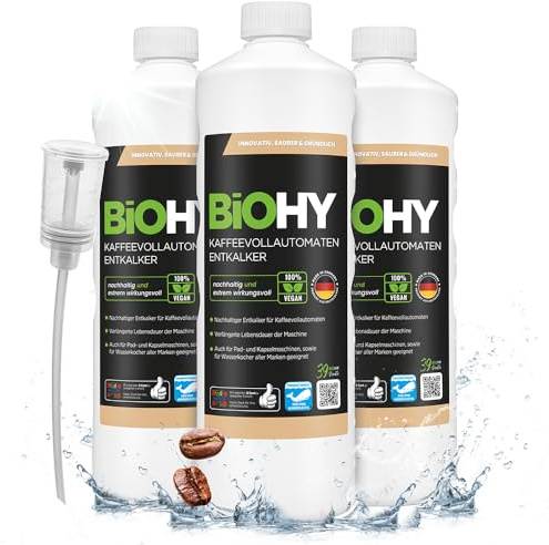 BiOHY Entkalker Kaffeevollautomat Espressomaschine flüssig (3 x 1 Liter) | Kalklöser für Kaffeepad-, Filter- und Siebträgermaschinen, lebensmittelecht – geeignet für DeLonghi, Siemens, Krups
