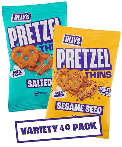 Olly's Pretzel Thins, 20 Salted and 20 Sesame Seed 35g Snack Pouches, Healthy Plant-Based Vegan Snacks for Dipping, Low Calorie Snacks, Low Fat, Source of Fibre, No Preservatives
