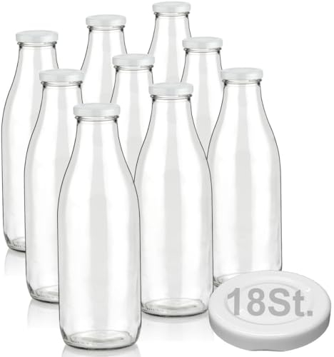 Geniess-Bar! 9 Milchflaschen 1 Liter inkl. 18 Schraubdeckel 1L Glasflaschen erhältlich mit 2/4/6/9/12/15 Saftflaschen 1000ml Flaschen Weithalsflaschen leer Vorratsglas
