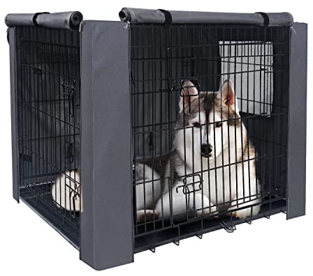 PETKEI Dog Crate Cover 42 Inch, waterproof 600D Oxford Dog Cage Cover for 1 & 2 Door Wire Crates, Breathable Mesh Window, Pocket & Blackout Design for Calming Comfort (Only cover)