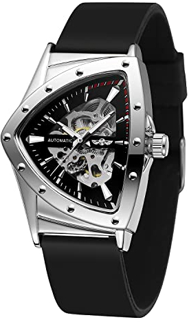 FORSINING Herren-Armbanduhr, wasserdicht, dreieckig, mechanisch, mit Silikonband, silberfarben / schwarz, Riemen, AH751