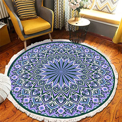 Tomifine Mandala Rund Teppich Quasten, Böhmen Handgewebte Baumwolle Teppiche für Schlafzimmer Wohnzimmer Hausdekor (120 cm,Blau Violett)