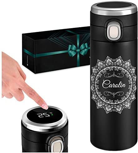 Maverton Thermobecher Kaffeebecher mit Gravur 400 ml - Trinkflasche Auslaufsicher 100% dicht - Thermo Trinkflasche mit LED-Temperaturanzeige - Travel Mug Geschenk für Frauen - schwarz - Ornament