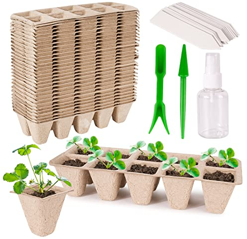 VINFUTUR 30pcs Bandejas Semilleros con Maceta Biodegradable Semilleros Germinación de 10 Celdas+20pcs Etiquetas Plantas+Herramientas Accesorios para Plantar Invernadero Huerto Jardín