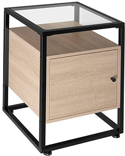 TecTake® Table de Chevet 40 x 43 x 60,5 cm, Table de Nuit avec Plateau en Verre, Style Industriel, Chevet de lit Porte magnétique et étagère réglable, Meuble Chambre, Decoration Chambre, Bois Clair