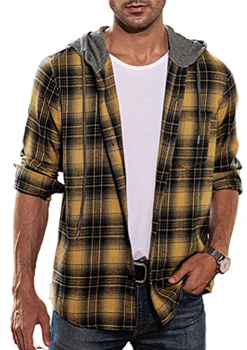 Onsoyours Chemise Flanelle Homme Chemise Homme Manches Longues Chemise avec Capuche A Carreaux Hommes Casual Chaude Regular Fit Jaune L