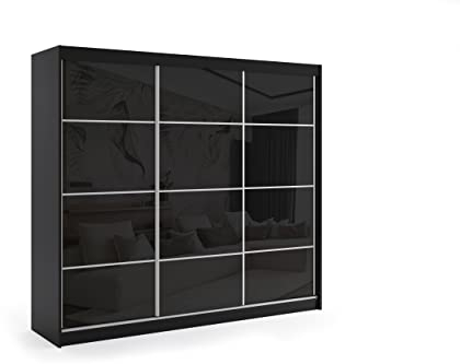 ALTDECOR Kleiderschrank mit Lacobel-Schiebetüren, kugelgelagerte Führungsschienen und Aluminium-Leisten - VIVONA - 240 cm Schwarz