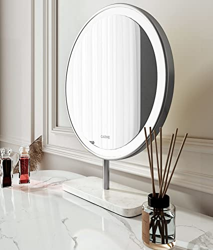 CARME Desktop Illuminated Makeup Vanity Mirror with Touch LED Lights Sensor Dimmable Brightness Lighted Ring Dresser Mirror Gold Frame Marble Stand (Silver)