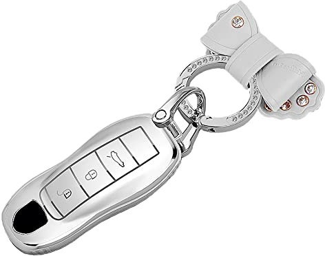 ontto Autoschlüssel Hülle Passt für Porsche 911 Carrera GT GT3 Turbo Boxster Cayenne Cayman Macan Panamera Schutzhülle TPU Silberkante Schlüsselhülle Schlüsselanhänger Schlüssel Etui Cover-A Weiß