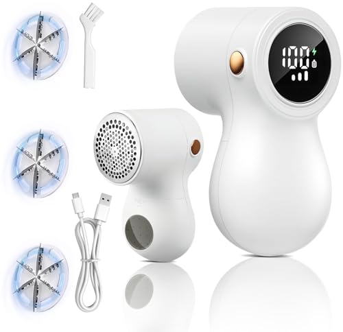 AMMIY Fabric Shaver Lint Bobble Remover for Clothes, Rechargeable Electric Debobbler Lint Fluff Removers, De Bobbler Shaver with LED Display and 6-Leaf Blades, Clean Brush, Adjustable 3 Speeds