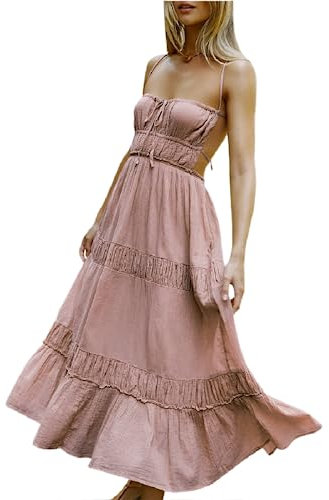 FEORJGP Robe mi-longue d'été moulante dos nu pour femme, D rose., Taille S